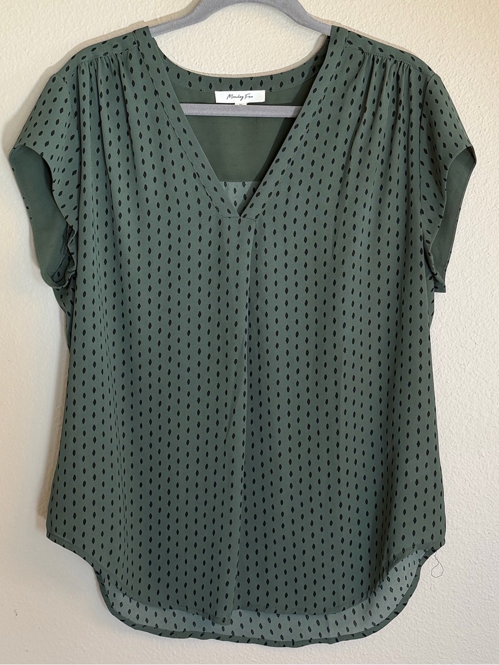 Monday FunOlive Green V-Neck Dot-Print Blouse